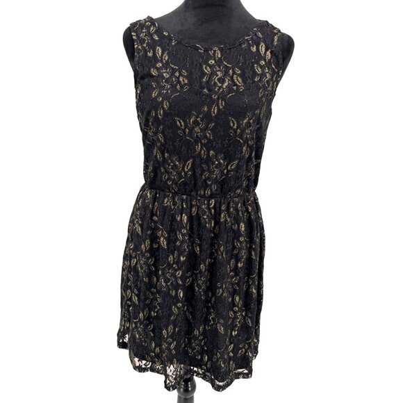 Black Gold Lace Sleeveless Midi Dress Womens S‎ Whimsigoth Fairy Grunge Metallic - Picture 1 of 6
